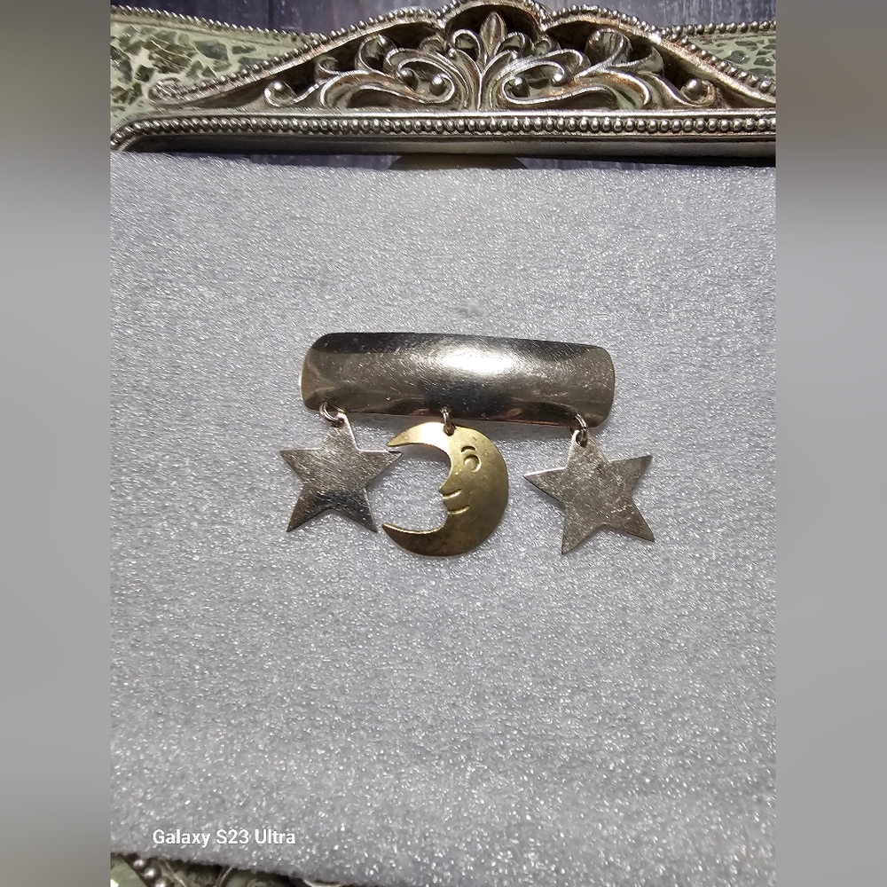 Silver 925 With Brass Moon and Silver Stars Brooch. Stampped Taxco